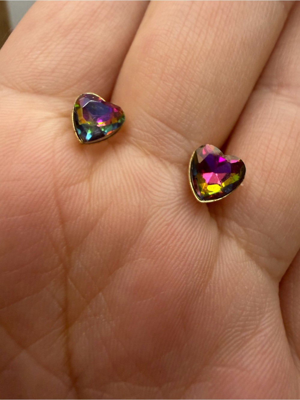 Heart Crystal Stud Earrings - Iridescent Purple & Gold -